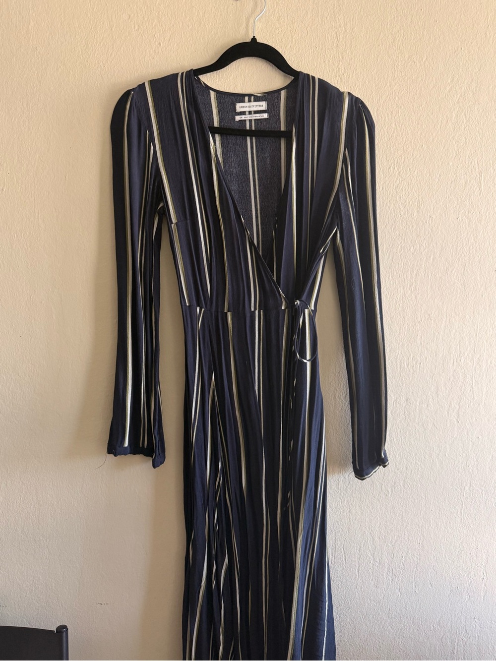Urban Outfitters Navy, White & Cream Long Sleeve Striped Wrap Maxi Dress